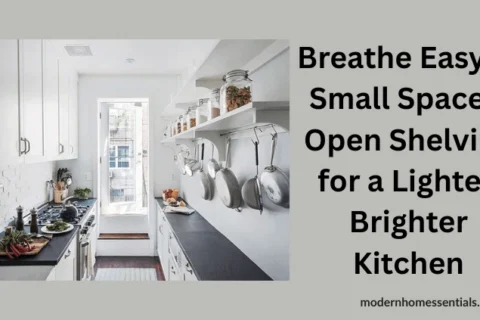 “Combination of small pantry cabinet and open wall shelves in compact kitchen.”