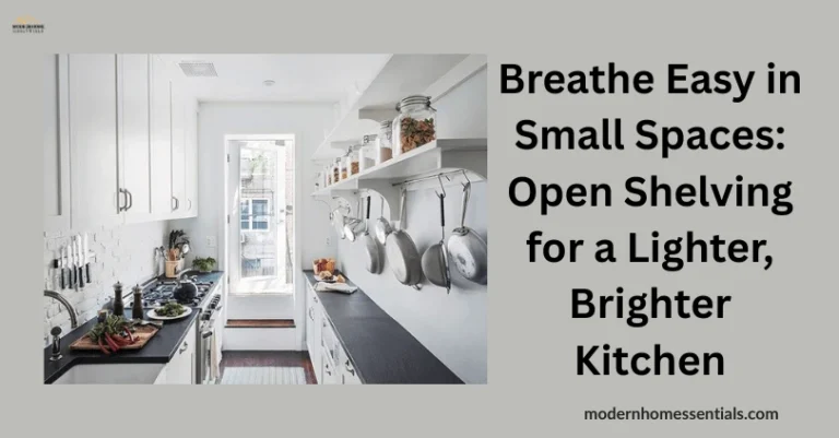 “Combination of small pantry cabinet and open wall shelves in compact kitchen.”