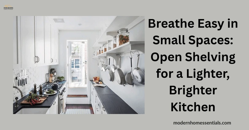 “Combination of small pantry cabinet and open wall shelves in compact kitchen.”