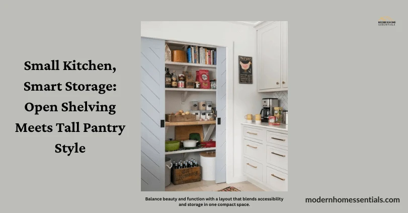 Modern small kitchen with open shelving and tall pantry cabinets side by side.