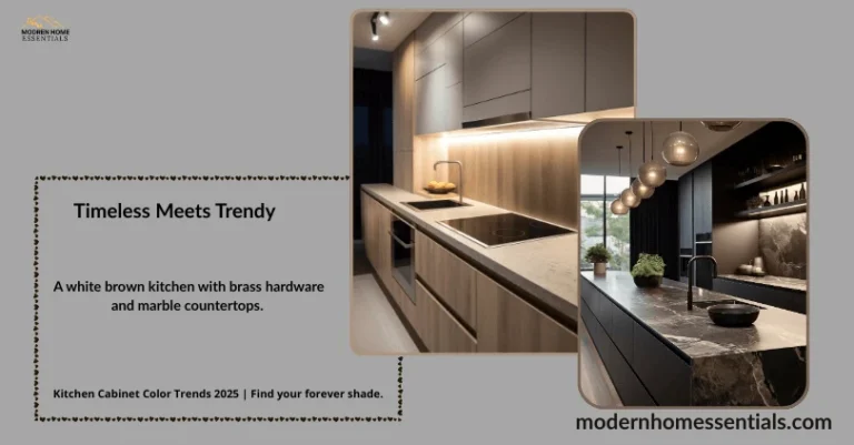 White and sage green two-tone kitchen with brass hardware and marble countertops, reflecting kitchen cabinet color trends 2025 for timeless elegance.