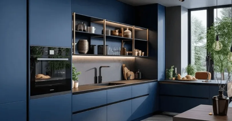 navy louvered modern kitchen cabinets with marble countertops