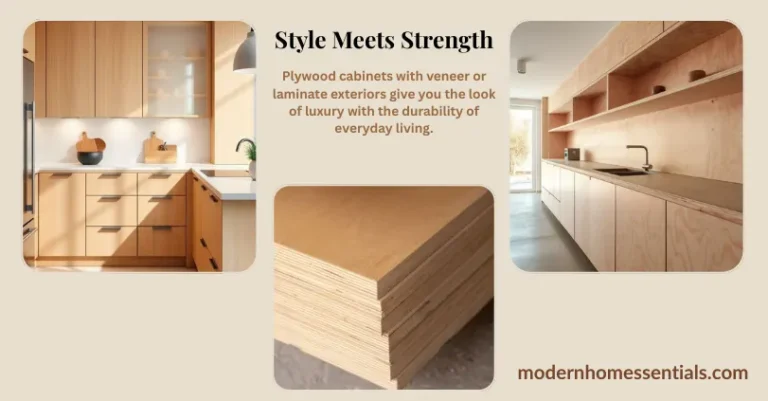 Plywood cabinet interiors with veneer or laminate exteriors, showcasing the best kitchen cabinet materials for durable and stylish kitchen design.