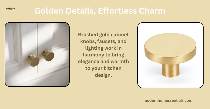 Close-up of brushed gold cabinet knobs with matching gold faucet and lighting fixture, showcasing the best cabinet hardware for cohesive kitchen design in 2025.