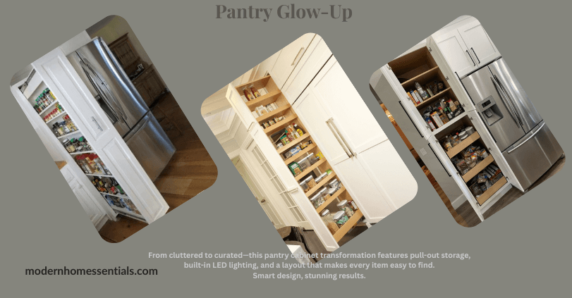Pantry cabinet transformation with pull-out storage and lighting.