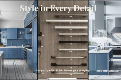 Side-by-side image of three kitchen styles—modern, traditional, and farmhouse—each featuring matching cabinet hardware finishes, showcasing best cabinet hardware choices for 2025.