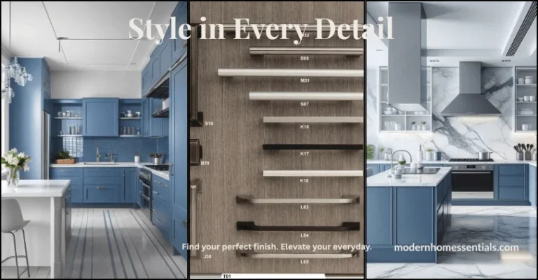 Side-by-side image of three kitchen styles—modern, traditional, and farmhouse—each featuring matching cabinet hardware finishes, showcasing best cabinet hardware choices for 2025.